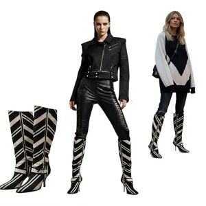 Vintage EXTÉ Italy Sexy Knee high Leather Stiletto Boots Black/White Chevron Y2K